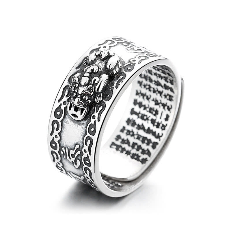 925 Sterling Silver PiXiu Scripture Carved Wealth Adjustable Ring