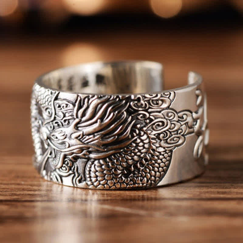 999 Sterling Silver Dragon Carved Pattern Protection Success Ring