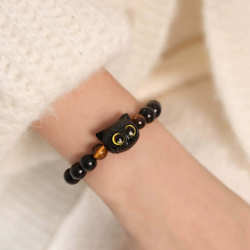 Cute Ebony Wood Cat Head Pattern Peace Bracelet