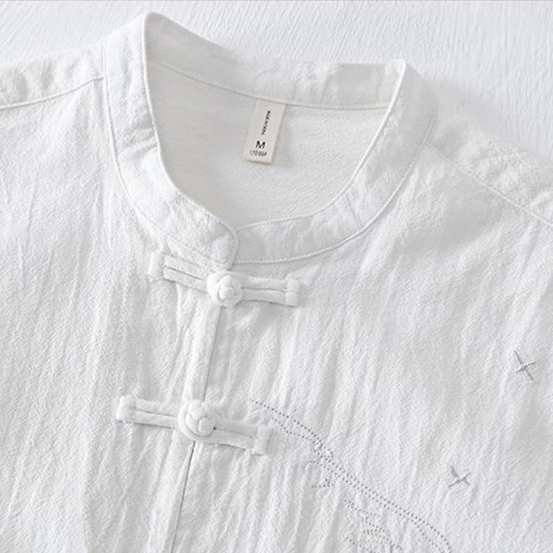 Frog-button Mandarin Collar Embroidery Cotton Linen Short Sleeve Men's Shirt