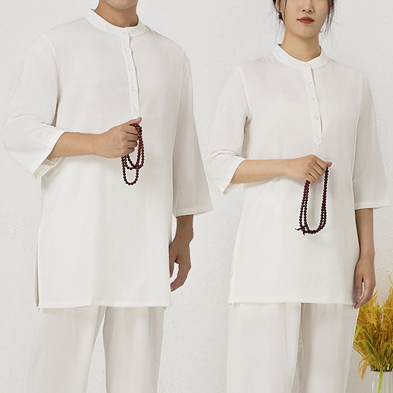 2Pcs Solid Color Three Quarter Shirt Top Pants Meditation Zen Tai Chi Cotton Linen Clothing Women's Set