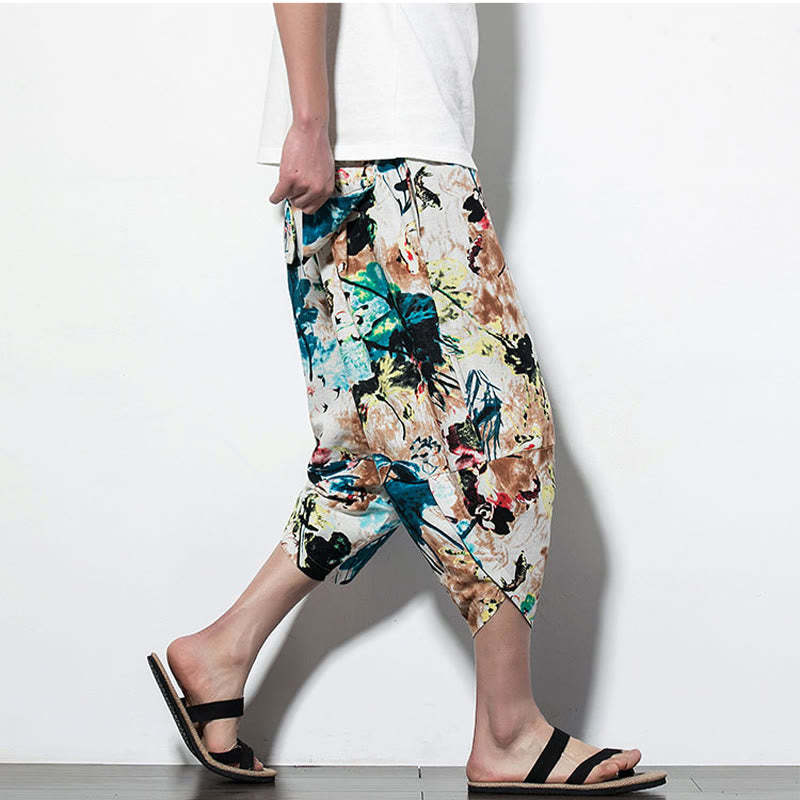 Flowers Leaves Brown Blue Painting Print Cotton Men's Long Cropped Harem Pants With Pockets