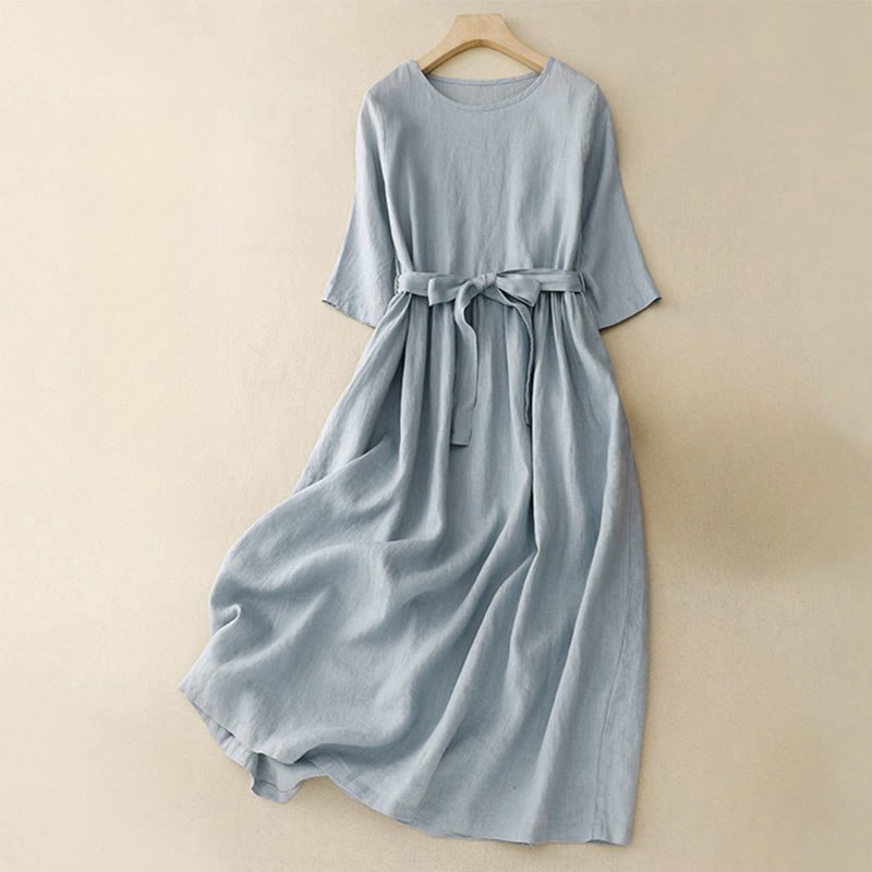 Casual Plain Crew Neck Lace-up Half Sleeve Cotton Linen Midi Dress With Pockets