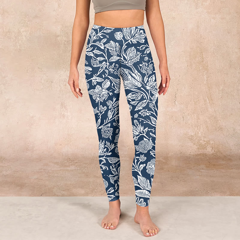 Dark Blue Flower Print Fitness Leggings Women's Yoga Pants