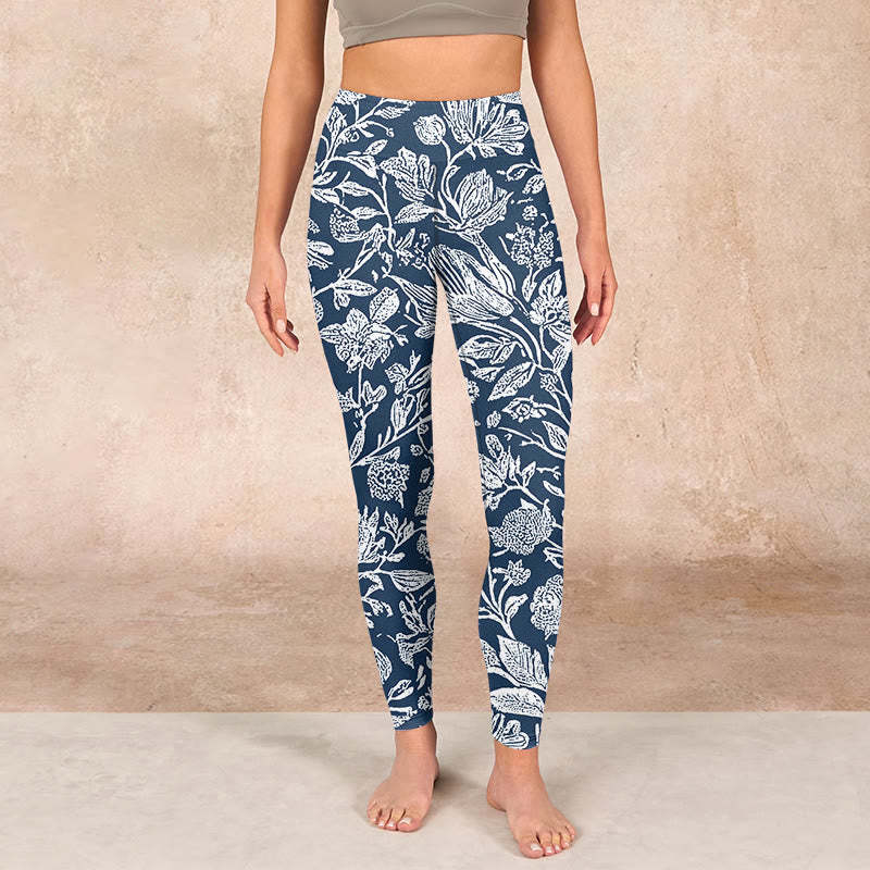 Dark Blue Flower Print Fitness Leggings Women's Yoga Pants
