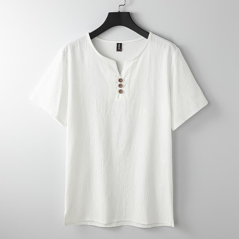 Solid Color V-neck Three Top Buttons Short Sleeve Cotton?linen Men's Shirt