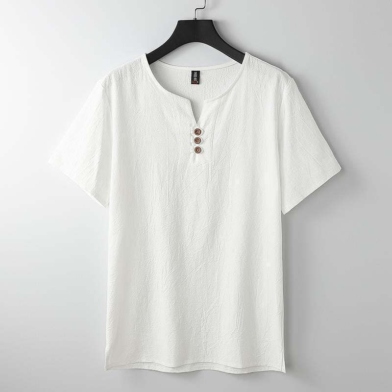 Solid Color V-neck Three Top Buttons Short Sleeve Cotton?linen Men's Shirt