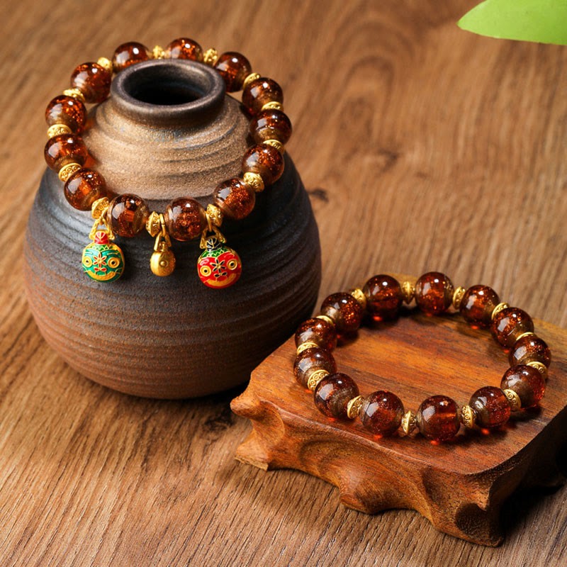 Gold Swallowing Beast Family Charm Liuli Glass Bead Fortune Bracelet