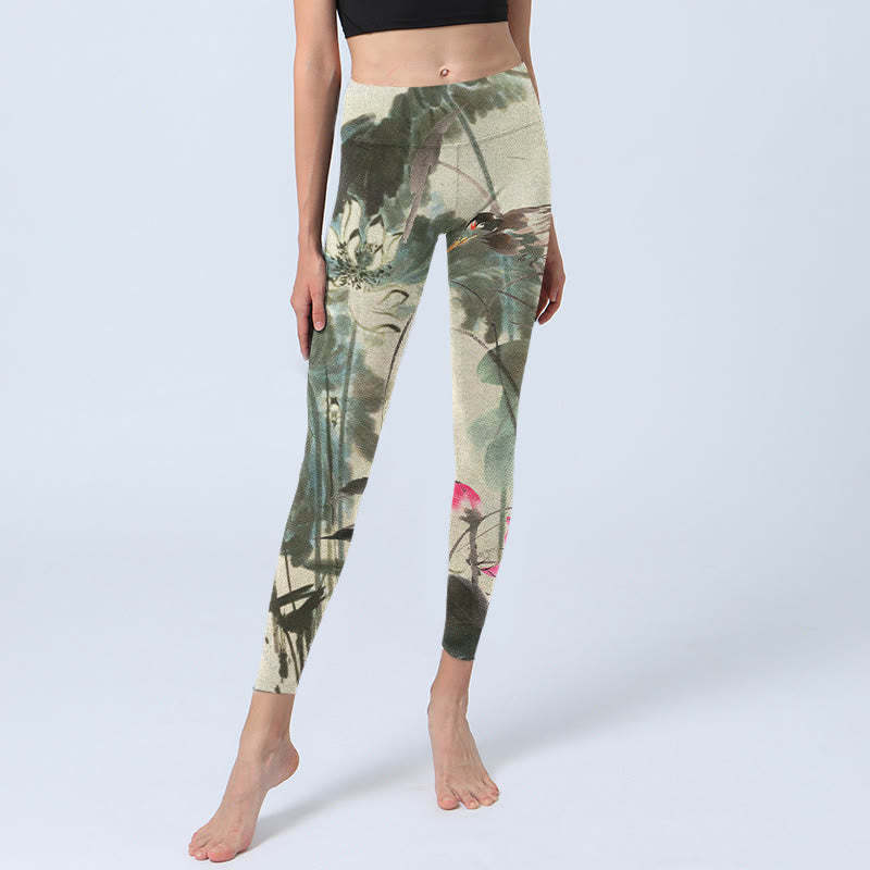 Lotus Bamboo Leaves Print Gym Leggings Women's Yoga Pants
