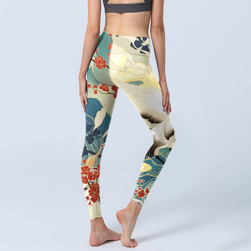 Cranes Plum Blossoms Mountains Print Gym Leggings Women's Yoga Pants