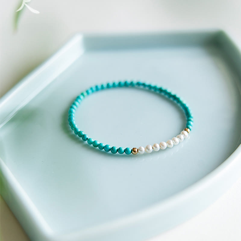 925 Sterling Silver Natural Turquoise Pearl Beaded Bracelet