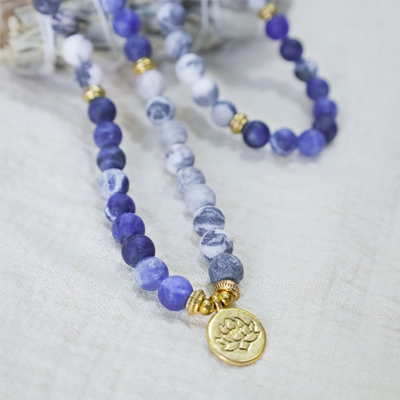 108 Natural Picasso Jasper & Blue Stone Mala Bead Lotus Pendant Bracelet
