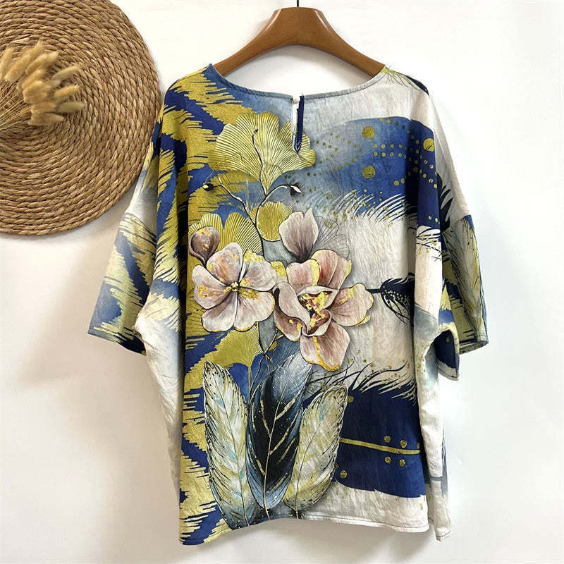 Casual Flower Leaves Feather Women's Crew Neck Design Half Sleeve Polyester T-shirt