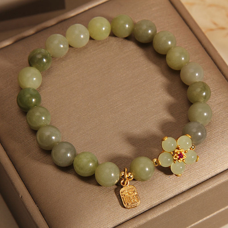 Green Jade Flower Fu Character Charm Luck Bracelet