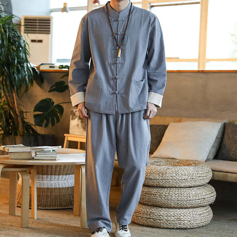 2Pcs Zen Tang Suit Men's Frog-Button Long Sleeve Shirt Pants Set With Pockets