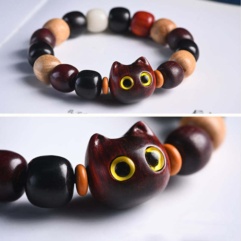 Small Leaf Red Sandalwood Ebony Wood Cute Cat Engraved Protection Bracelet