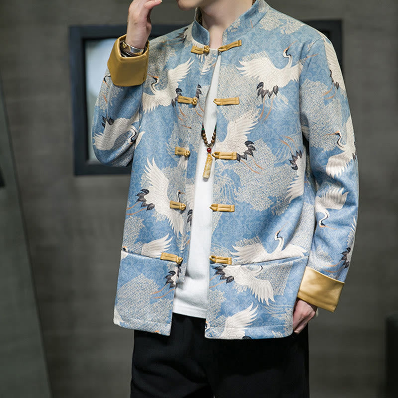 Chinese New Year Clothes White Crane Gold Frog-button Tang Suit Cotton Men's Jacket Shirt With Pockets