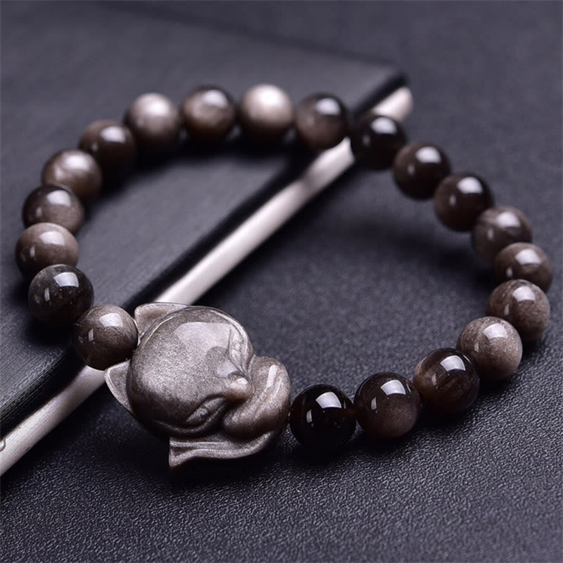 Natural Silver Sheen Obsidian Fox Protection Bracelet
