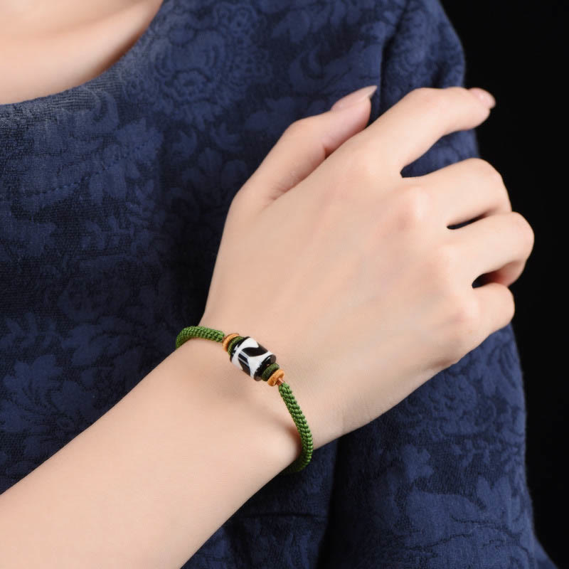 Handmade Tibetan Dzi Bead Protection Braided Green Rope Bracelet