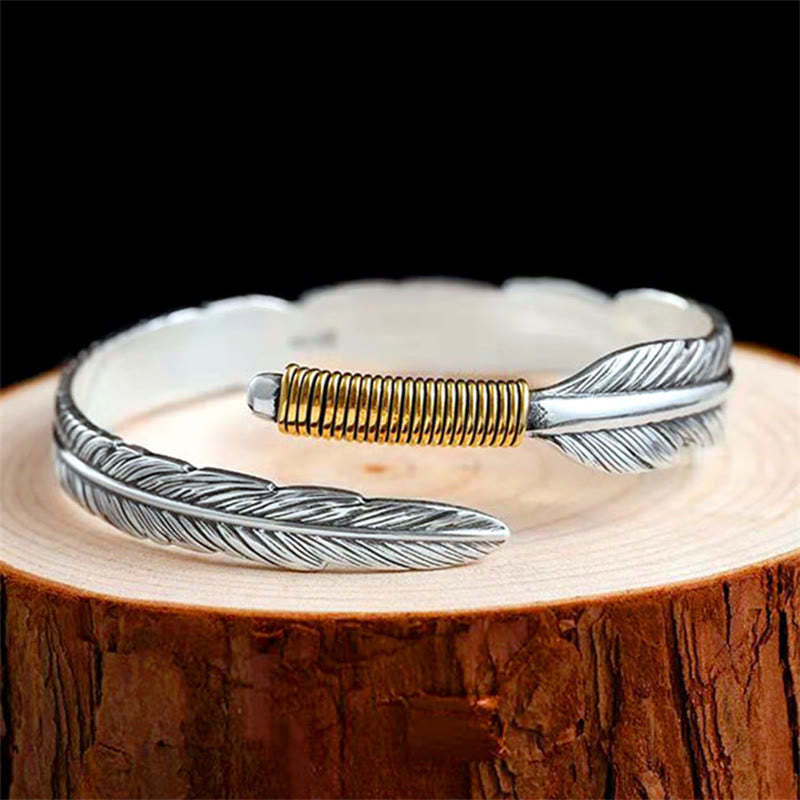 Feather Pattern Engraved Luck Cuff Bracelet Bangle
