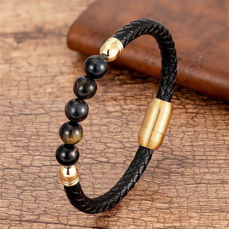 Blue Agate Tiger Eye Lava Rock Black Onyx Lazurite Bead Protection Leather Bracelet