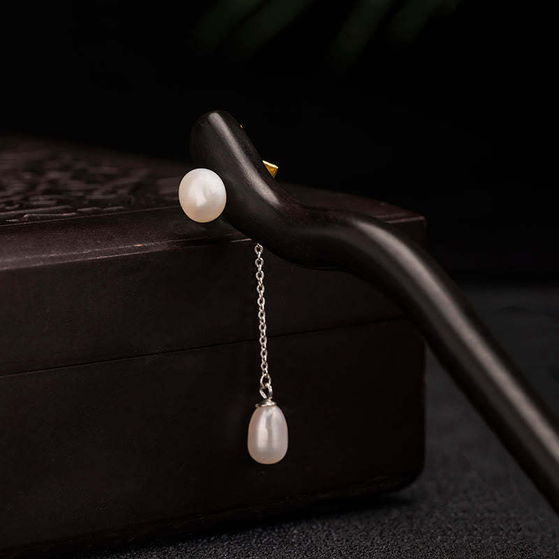 925 Sterling Silver Classical Chinese Style Ebony Lotus Flower Pearl Tassel Blessing Hairpin