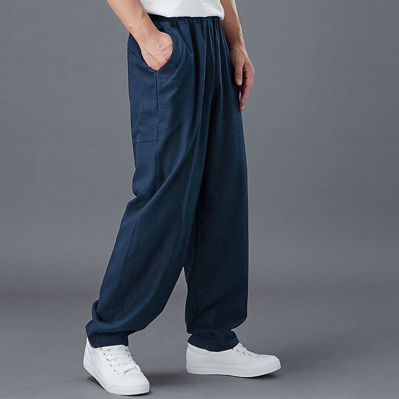 Plain Color Elastic Waist Ramie Linen Men's Pants With Pockets