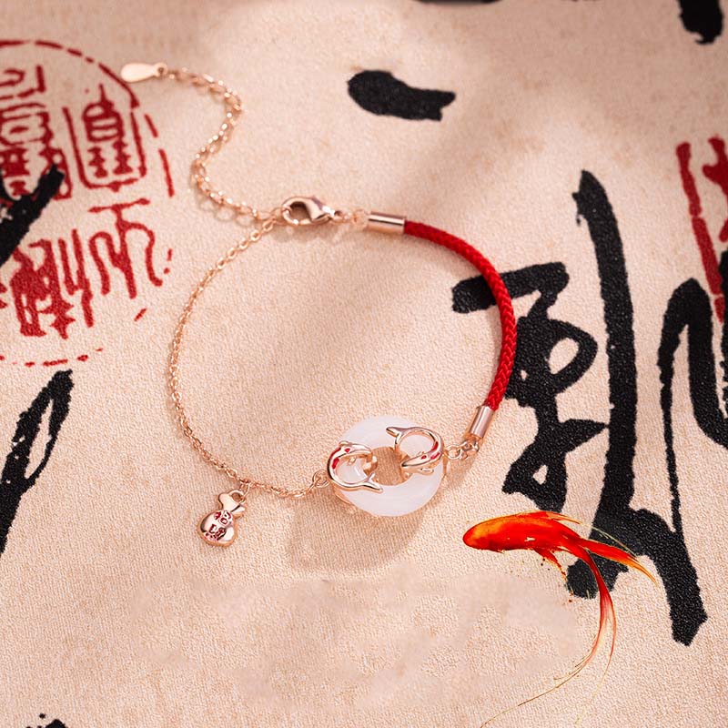White Jade Double Koi Fish Peace Buckle Attract Fortune Luck Charm Bracelet