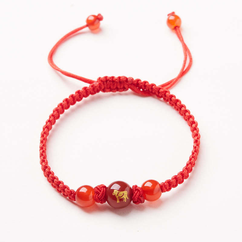 Natural Red Agate Chinese Zodiac Red String Braided Protection Luck Bracelet