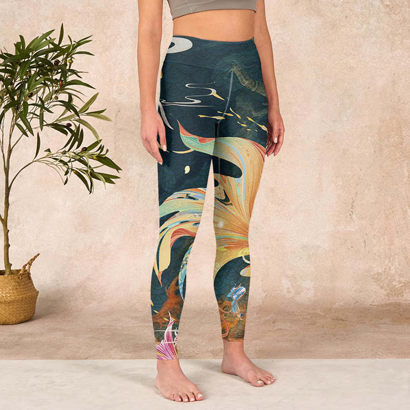 Dark Slate Gray Double Koi Fish Sky Lantern Tower Exercise Leggings Women's Yoga Pants