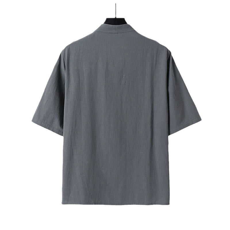 Casual Plain Color Two Buttons Three Quarter Sleeve Cotton Linen Men's Shirt