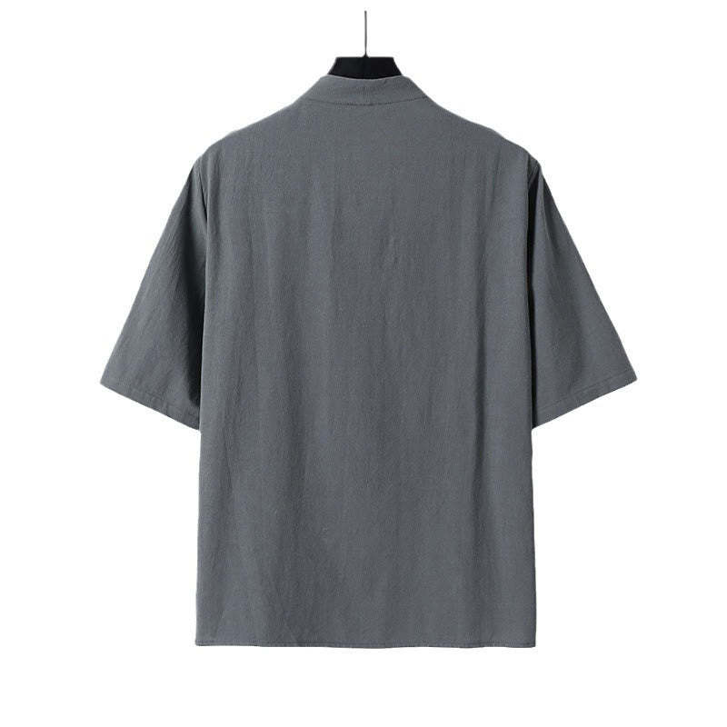 Casual Plain Color Two Buttons Three Quarter Sleeve Cotton Linen Men's Shirt
