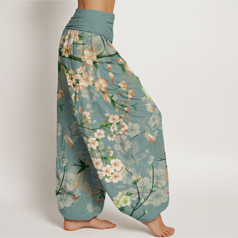 Peach Blossoms Flying Geese Pattern Women's Elastic Waist Harem Pants