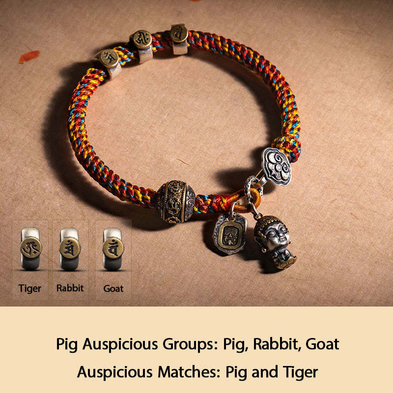 Handmade Tibetan 925 Sterling Silver Chinese Zodiac Natal mystic zen Zakiram Goddess of Wealth Protection Multicolored Rope Braided Bracelet