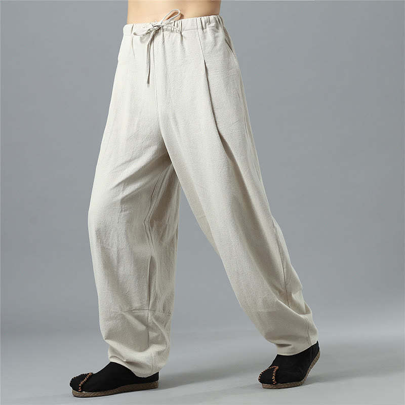 Casual Solid Color Drawstring Cotton Linen Men's Pants With Pockets