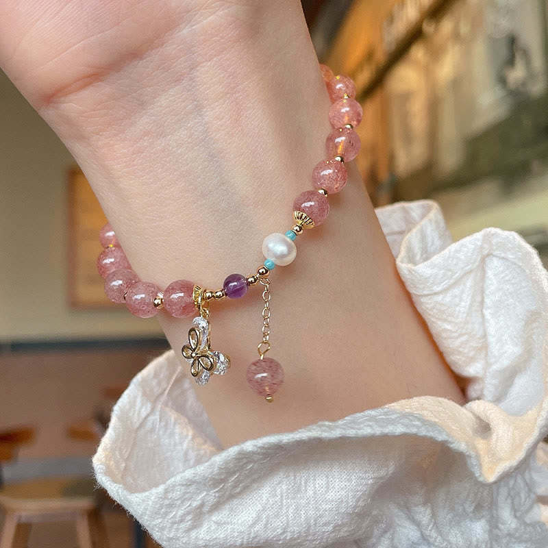 Natural Strawberry Quartz Green Strawberry Quartz Butterfly Charm Love Bracelet