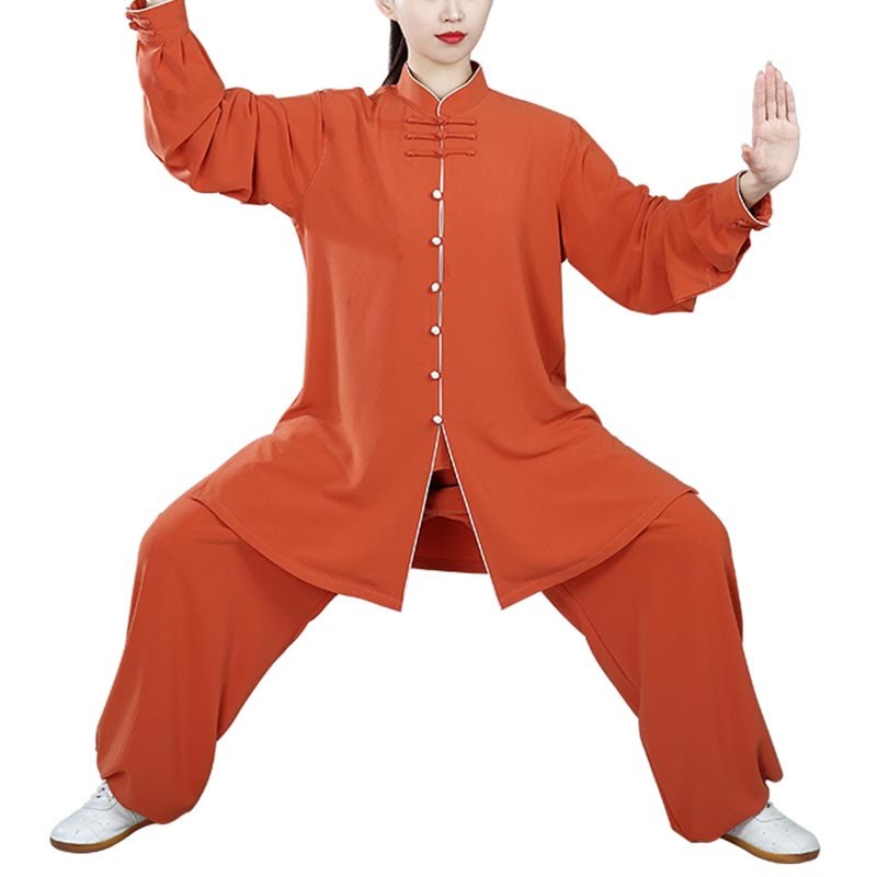 2Pcs Fall Solid Color Frog-Button Tai Chi Meditation Qigong Zen Practice Unisex Cotton Clothing Set