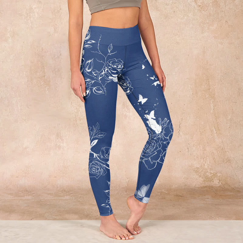 Blue Rose Butterfly Print Sports Leggings Women's Yoga Pants