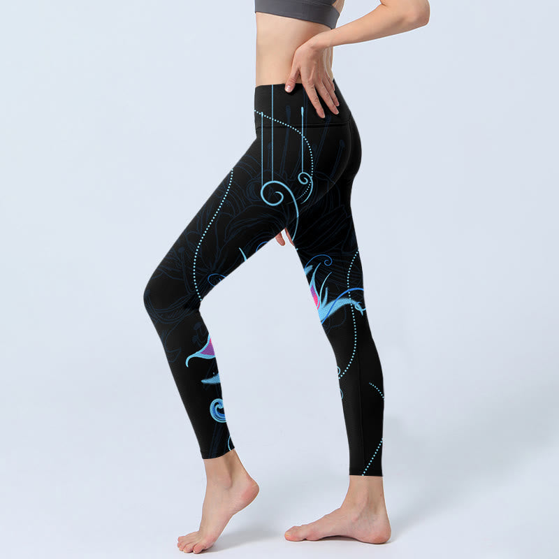 Black Pink Blue Flowers Print Fitness Leggings Women's Yoga Pants