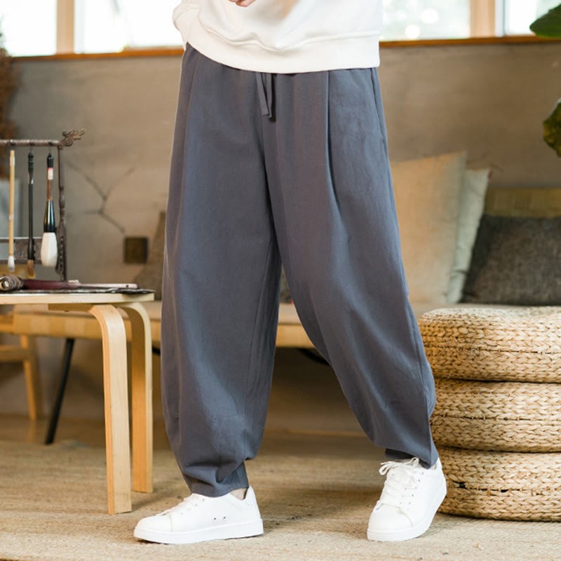 Solid Color Cotton Linen Drawstring Men's Harem Pants With Pockets