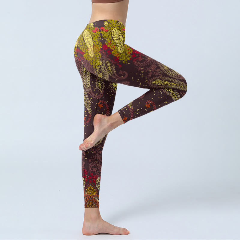 Reddish-brown Cashew Flower Vines Print Gym Leggings Women's Yoga Pants