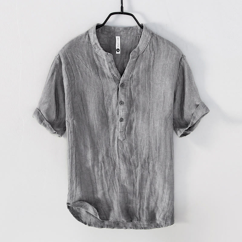 Solid Color Short Sleeve Half Button Shirt Linen Men Clothing