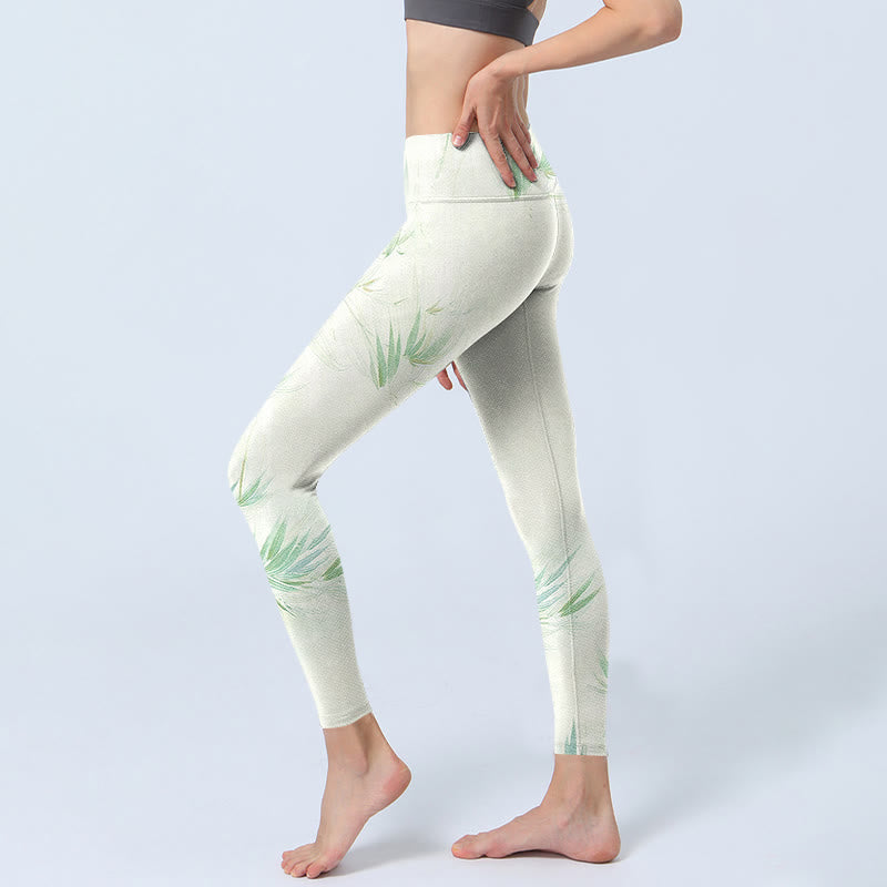 Green Bamboo Leaves Print Sports Leggings Women's Yoga Pants