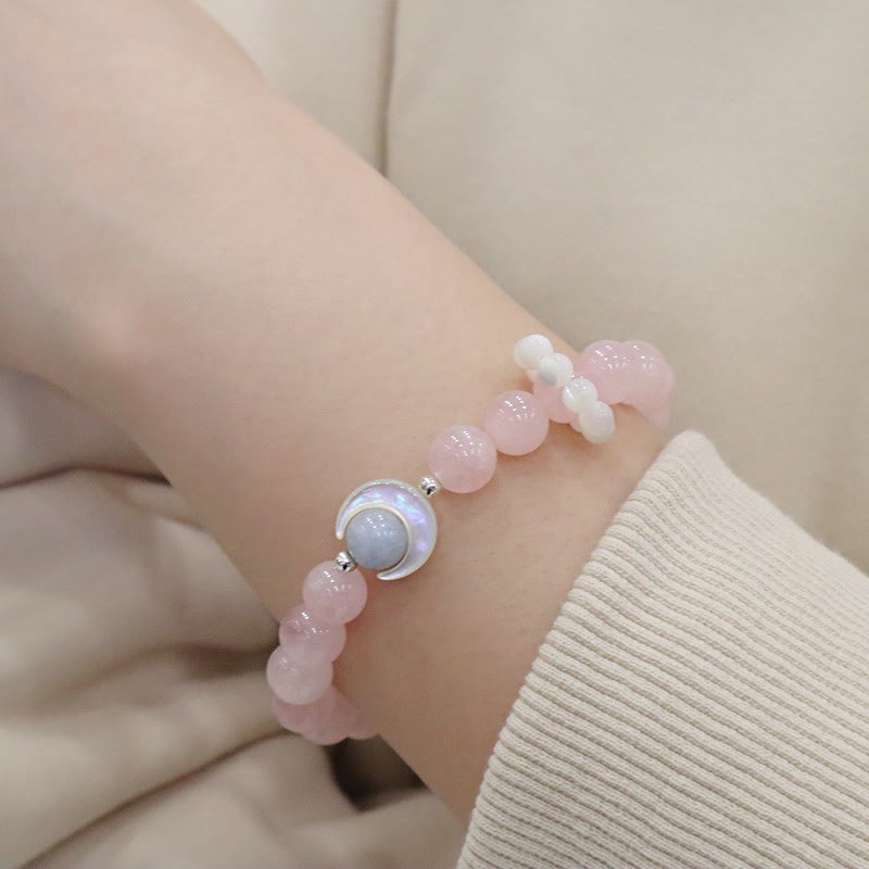 925 Sterling Silver Natural Amethyst Aquamarine Pink Crystal Cat's Eye Healing Crescent Moon Bracelet