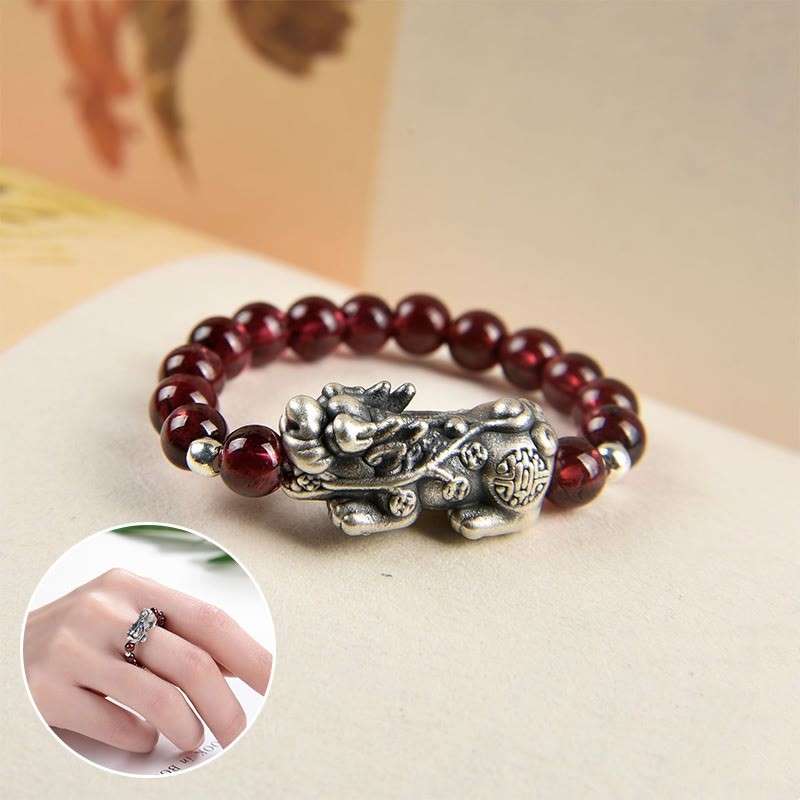 925 Sterling Silver Natural Garnet Moonstone Red Agate PiXiu Wealth Ring
