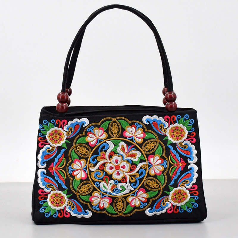 Galsang Inula Flower Peony Peacock Double-Sided Embroidery Canvas Shopping Purse Handbag