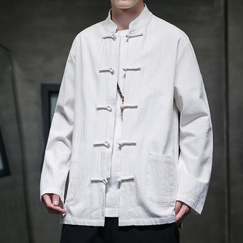 Solid Color Frog-button Tang Suit Cotton Linen Men's Jacket Shirt With Pockets
