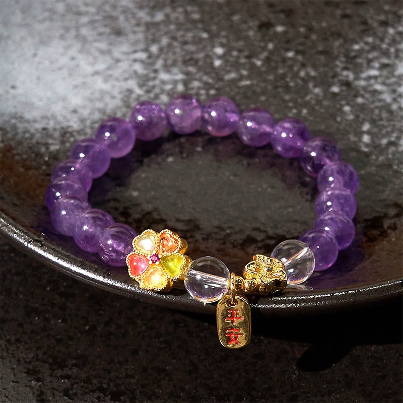 Natural Amethyst White Crystal Flower Healing Safe And Well Charm Bracelet