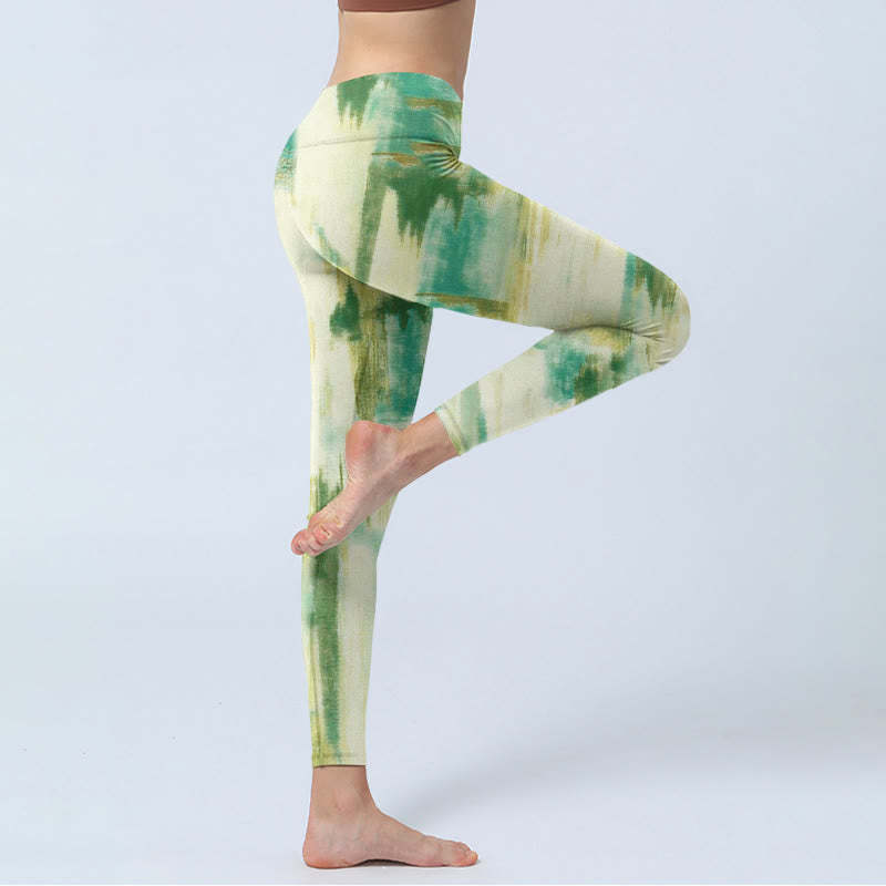 Beige Green Tie Dye Print Exercise Leggings Women's Yoga Pants