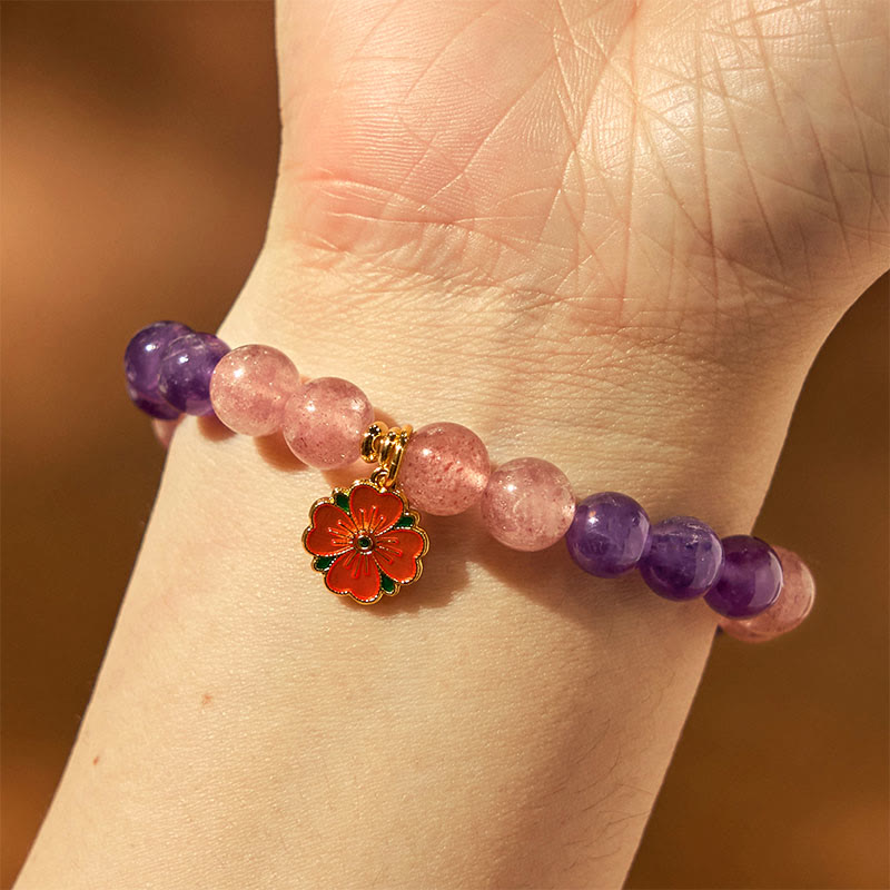 Year of the Snake Amethyst Strawberry Quartz Flower Charm Healing Bracelet